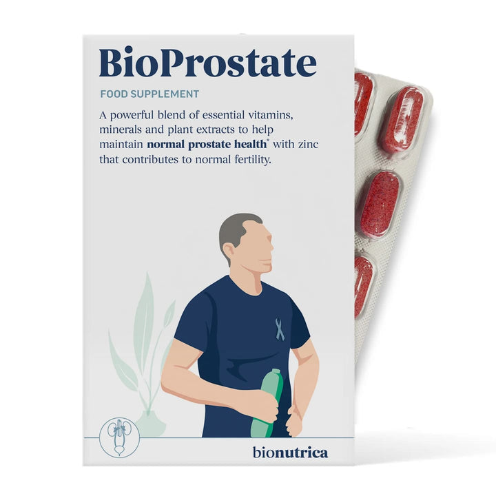BioProstate food supplement packaging with a man holding a supplement bottle on a white background