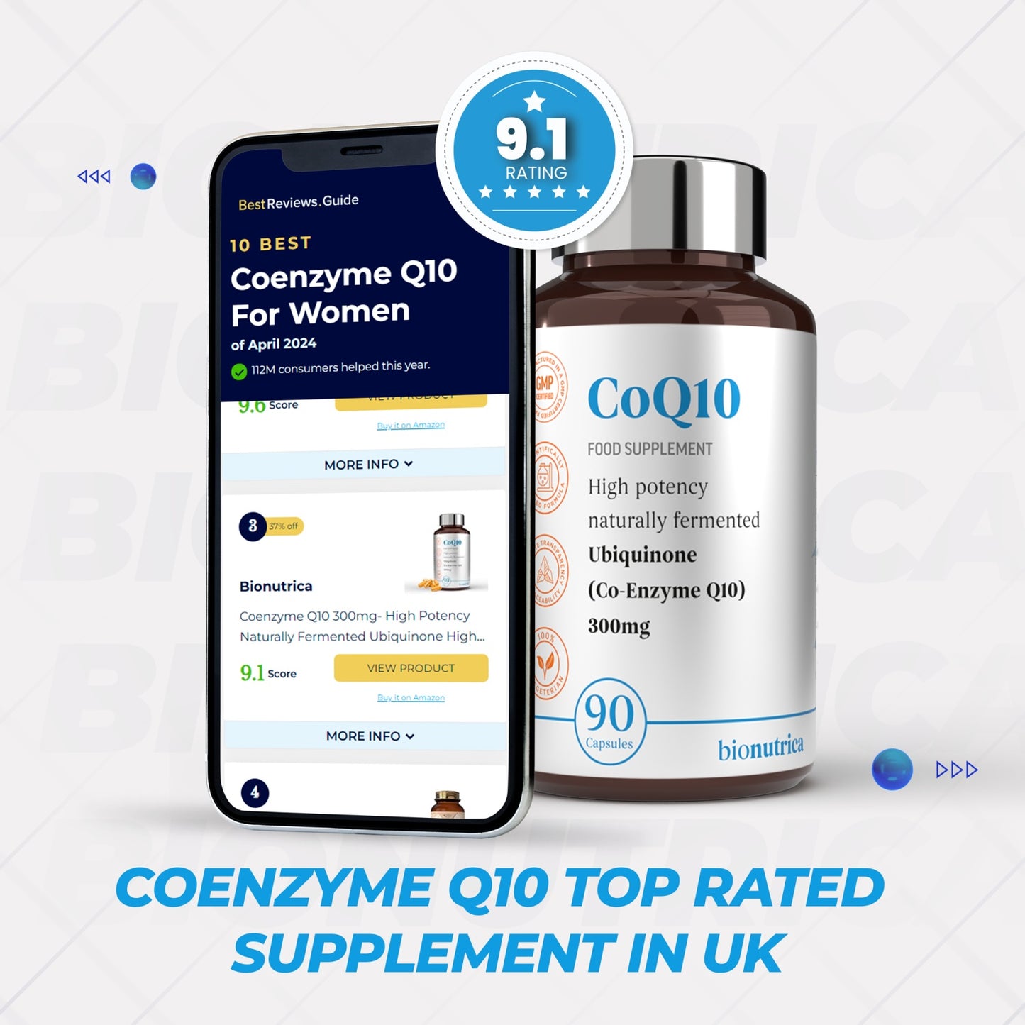 CoQ10 300 mg supplement from Bionutrica – advanced antioxidant and cardiovascular support for overall wellness.